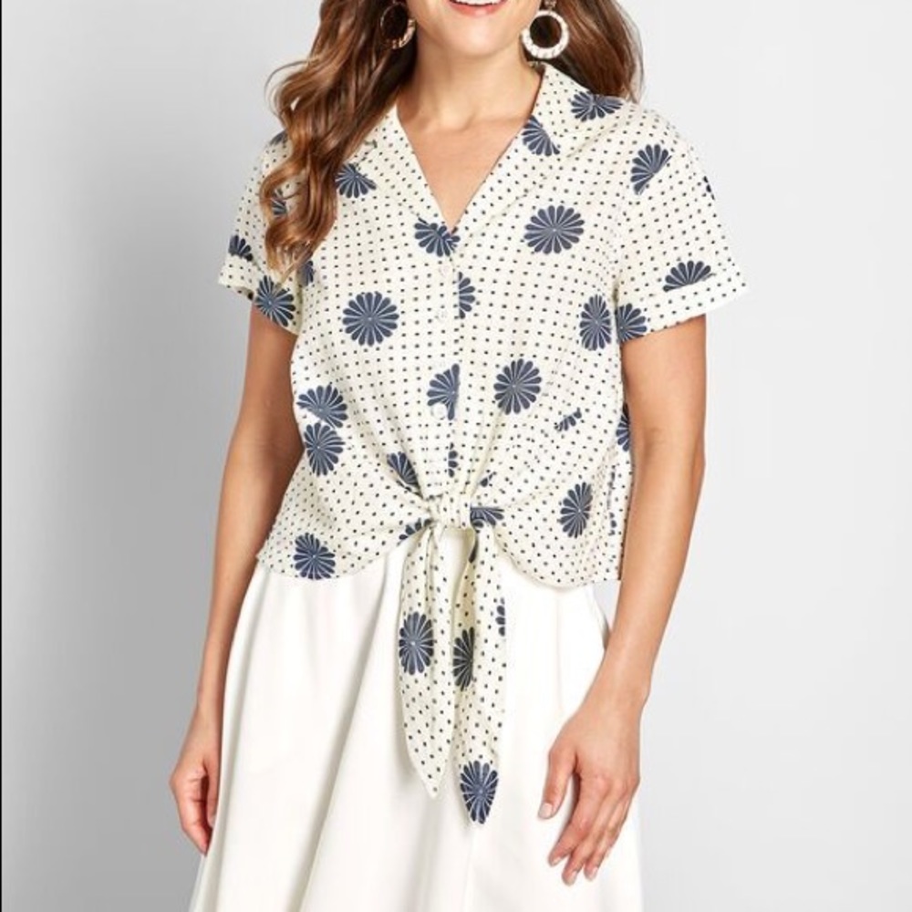 ModCloth Wisely Tied Button-Up Top White Geo/Floral